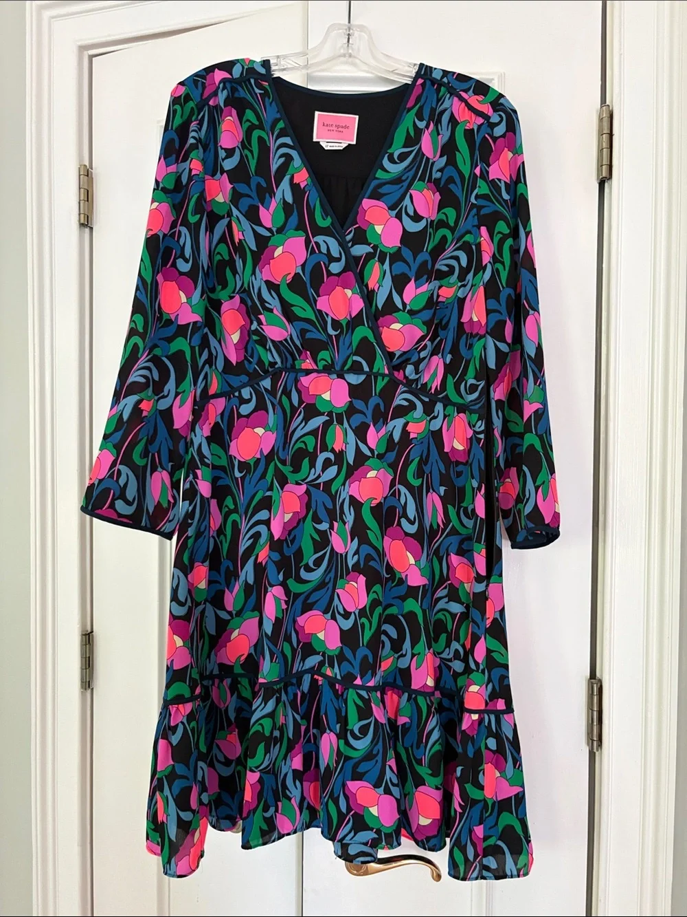 Kate Spade black floral wrap design dress with pink and blue blossoms sz 12 - Picture 1 of 4